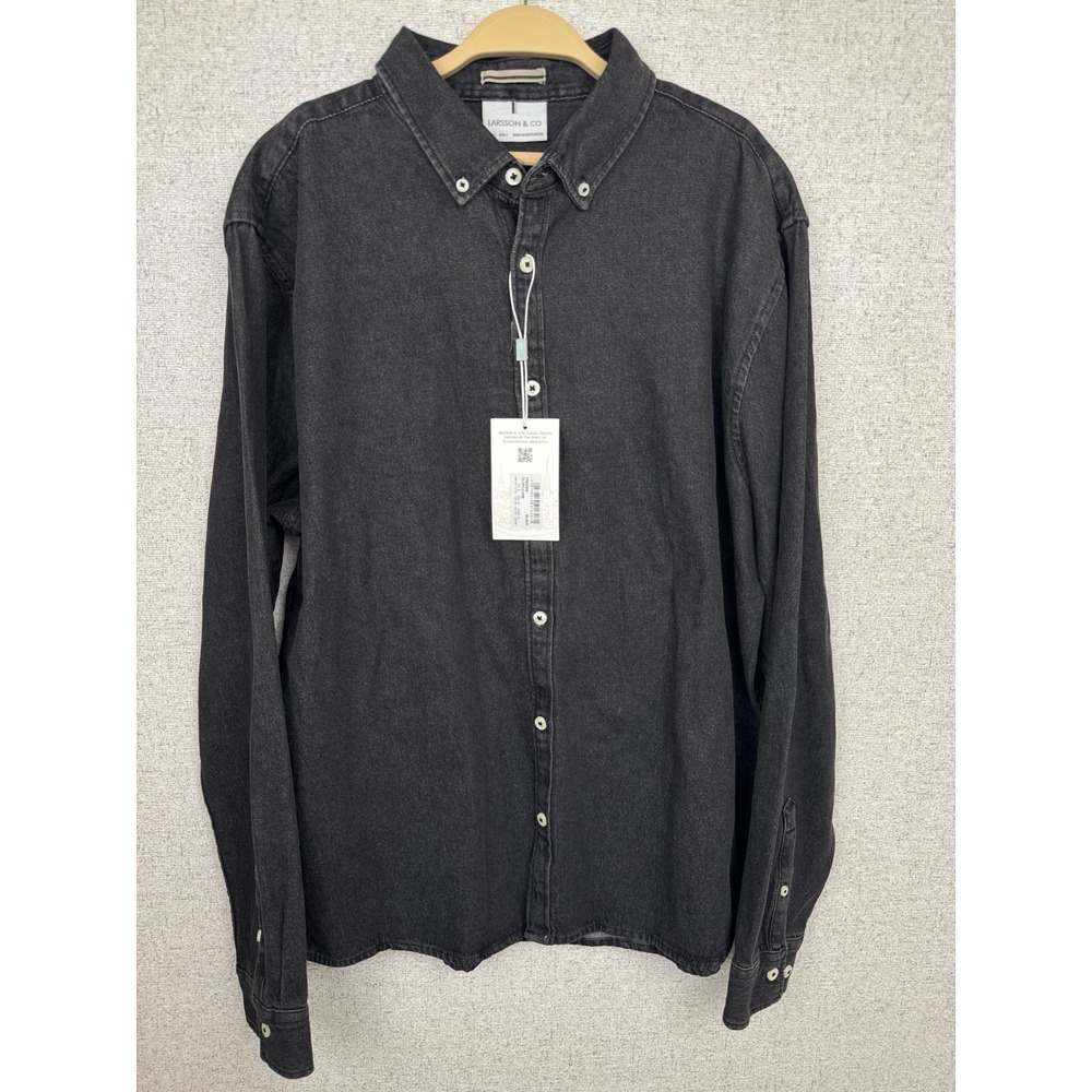 Larsson & Co Freddie Black Denim Button Down Shirt Mens L Scandi Overshirt NWT